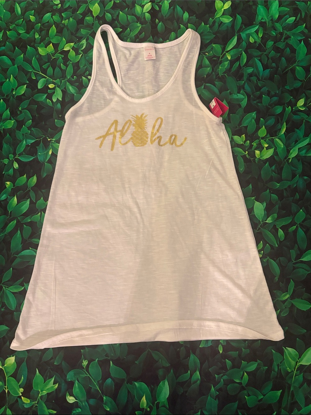 Xhilaration White Tank Top with Gold Pineapple 'Aloha'